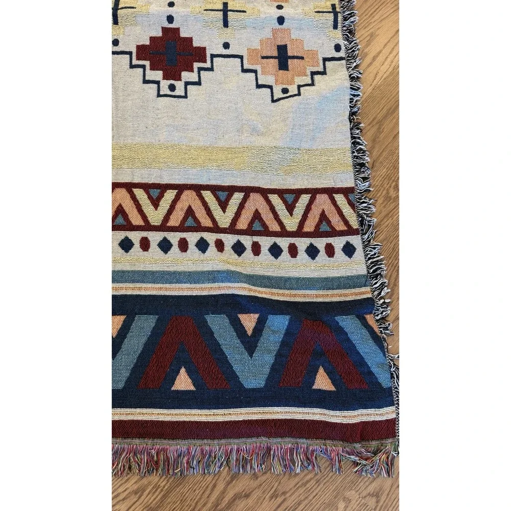 Vintage Southwestern Woven Throw Blanket Fringe Tribal Aztec Boho